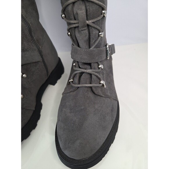 Shoe dazzle thigh high gray Faux suede lace up biker Style Chunky boot Sz 8.5 - Picture 2 of 13